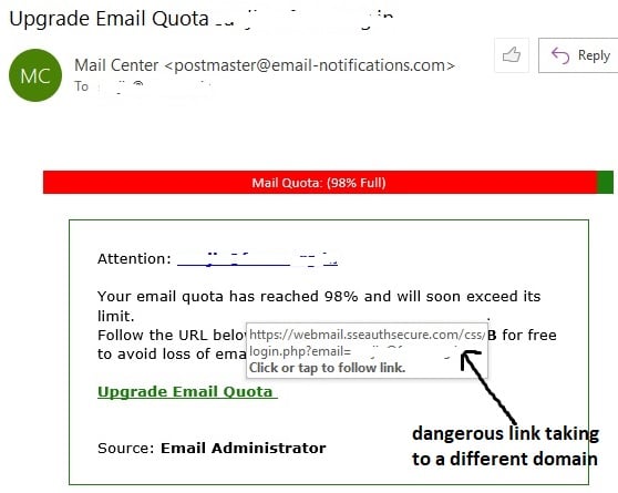 Phishing email example 1 link